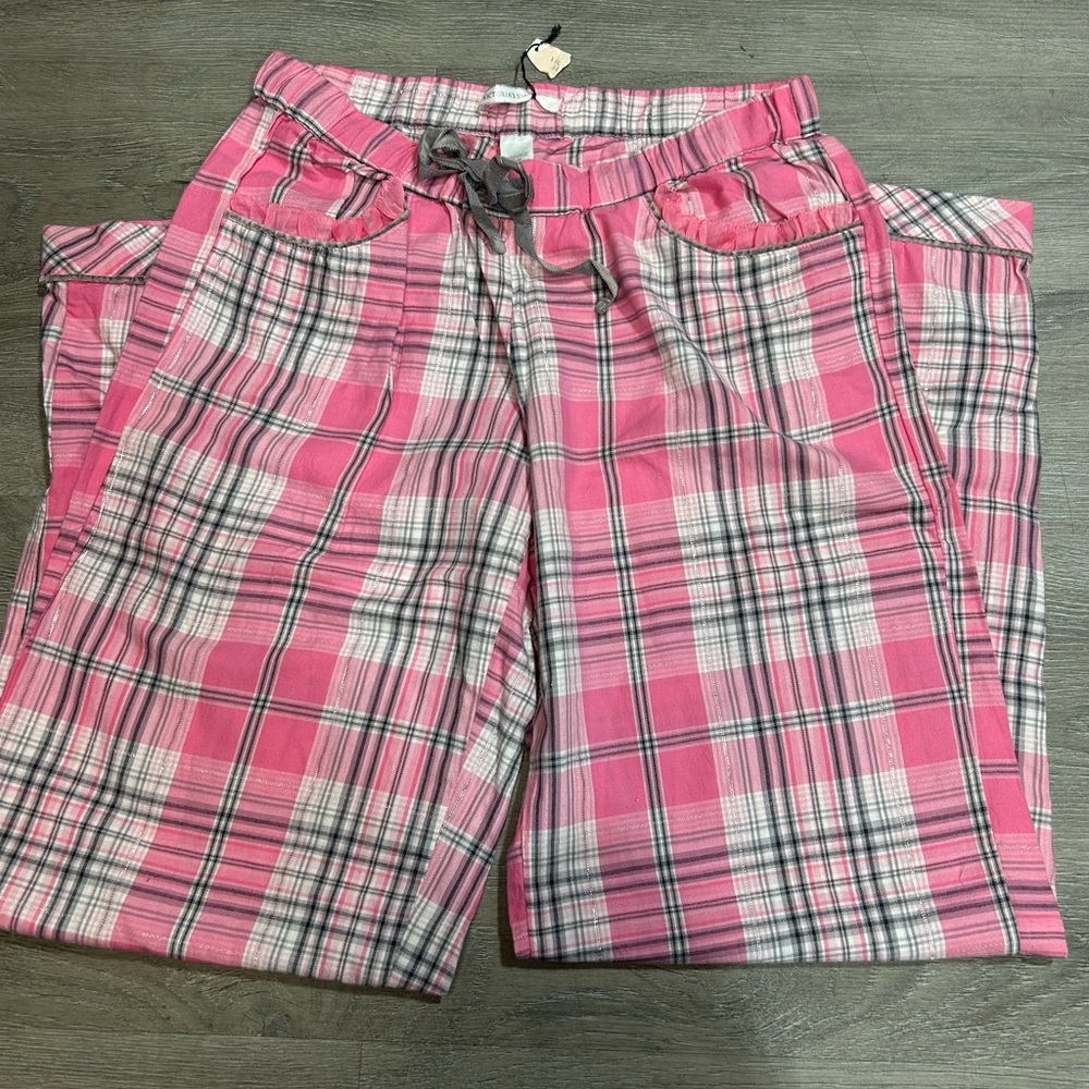 Victoria’s Secret Pajama Pants Woman’s Small Pink Plaid Silver Metallic Pockets